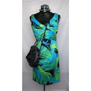 Jones New York Signature Blue Green Leaf Print Stretch Dress Sz 4 w/ Ruffle NWT